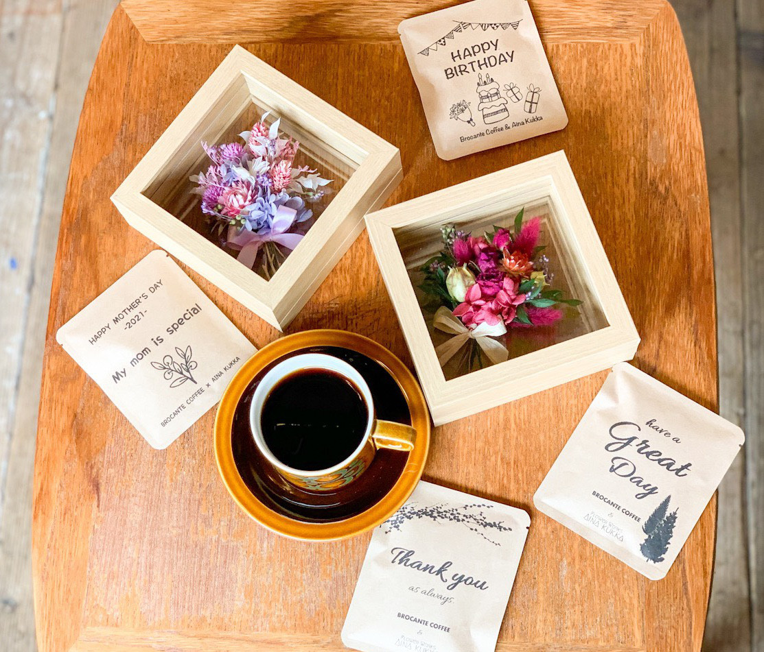 ［お花と珈琲の贈り物］選べるガラスフレーム(ブーケ)＋メッセージドリップ