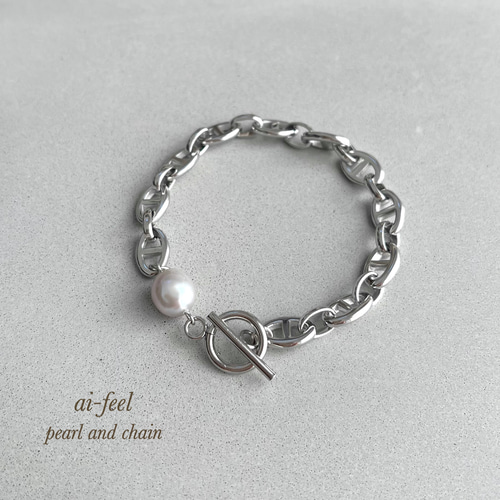 シルバーグレー淡水パールのアンカーチェーンブレスレット