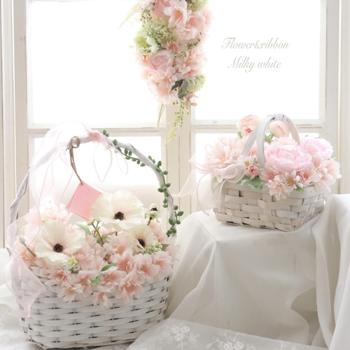 お家でお花見☆桜とラナンキュラスの花かご アートフラワー Milky