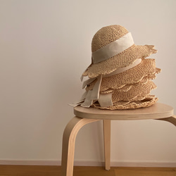 【折りたたみできる・洗える】フリルストローハット　アイボリーリボン　麦わら帽子 カンカン帽 11枚目の画像