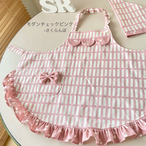 ☆～北欧風ウェーブストライプ～ こども用フリルエプロン&三角巾