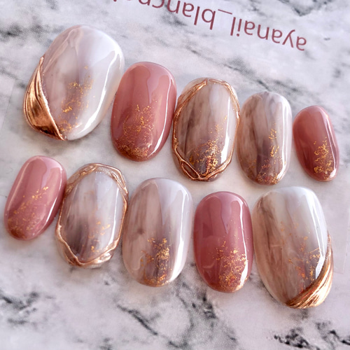 サイズオーダー 4008 くすみピンク ローズ 夏 秋 桜 ゴールド ネイル