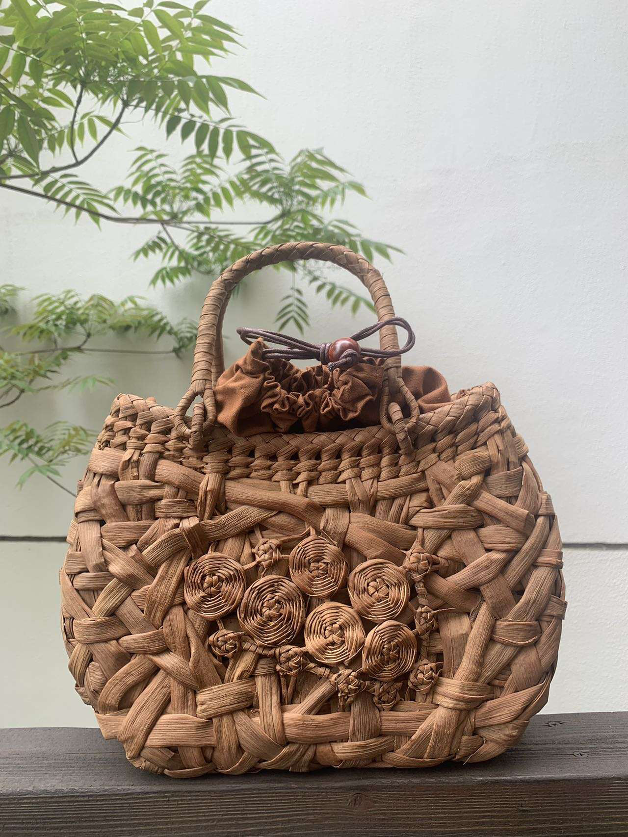 【一点物】国産山葡萄　手作り　籠バッグ　オリジナルデザイン 巾着タイプ内布