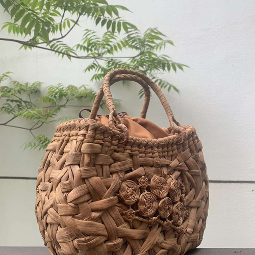 一点物】国産山葡萄 手作り 籠バッグ オリジナルデザイン 巾着タイプ内