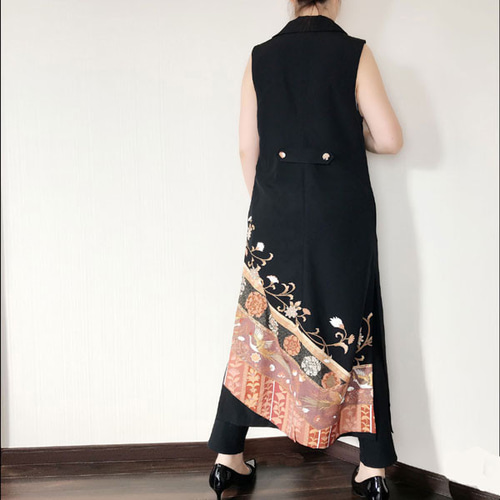 一点物 ユニセックスロングジレ 留袖着物リメイク ベスト 絹春