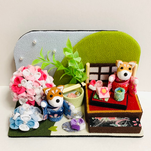 ちりめん細工「お茶会〜紫陽花」うさぎさん その他置物 黒ごま