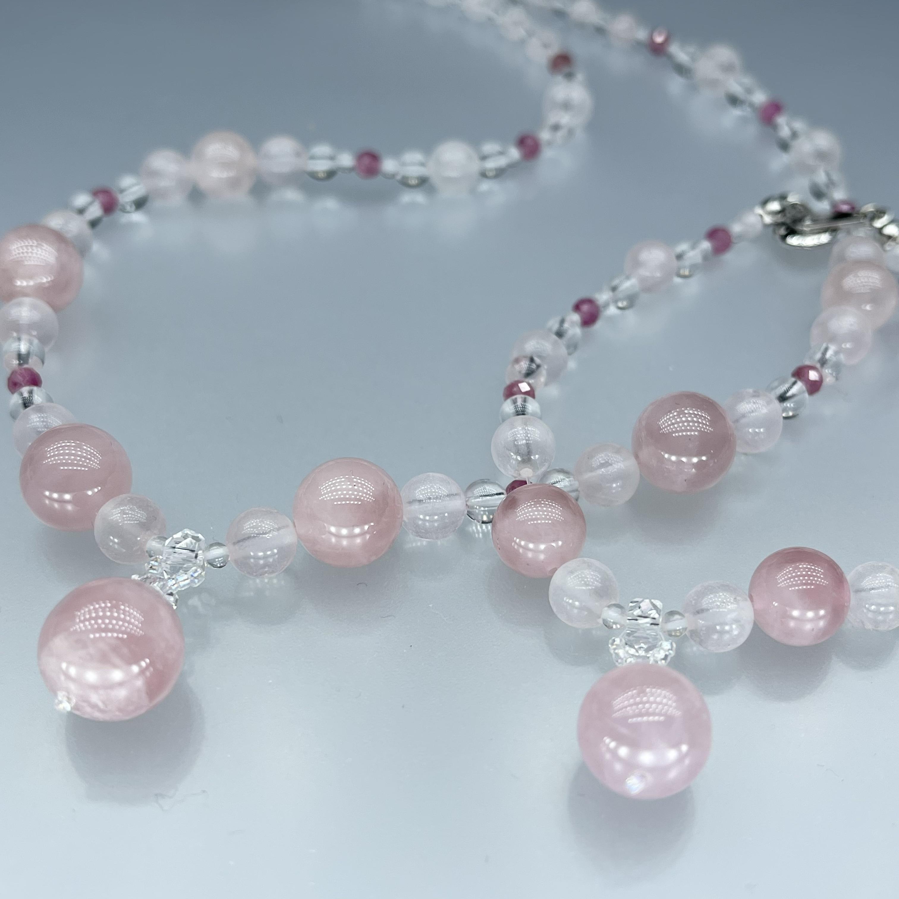 天然石 マダガスカルディープローズクオーツ ドロップ ピンクエピドート ネックレスとブレスレットのセット　Mサイズ