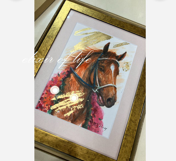 シェリー様用のレジェンド。Secretariat（墨絵、墨、水彩、金箔、A4サイズ、水彩画用紙）額装 1枚目の画像