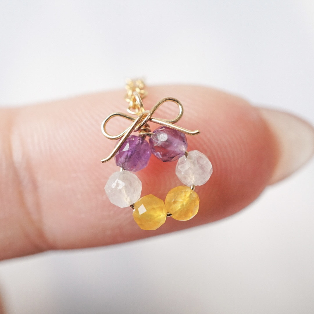 「ビオラの花結」ネックレス アメジスト ムーンストーン 淡水パール リボン 天然石 誕生石 華奢 14kgf