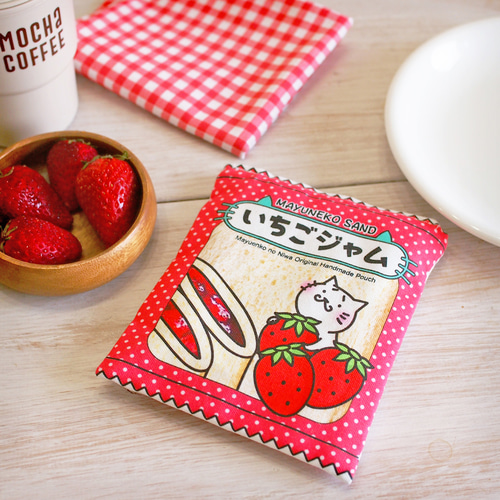 猫パン柄ポーチ いちごジャム 化粧 小物入れ 苺 まゆねこ ポーチ まゆ