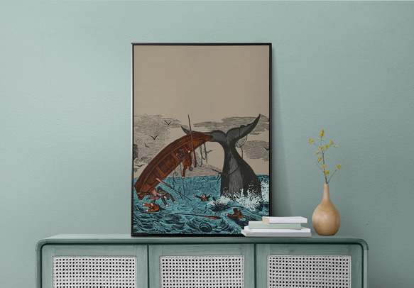 【NO.73】鯨と船が転覆して慌てる人たちのヴィンテージアートポスター☆海個性的ハガキ2L判A5A4A3A2A1B5B4 10枚目の画像