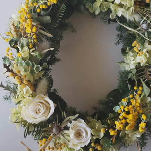 ドライフラワーリースミモザリースナチュラルインテリアバラ