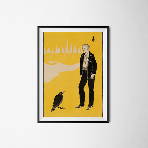 ポスター　額付き　vintage NO.76】黒スーツの男性と鴉のアートポスター☆レトロポップシュール