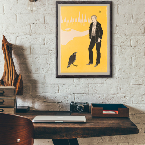 NO.76】黒スーツの男性と鴉のアートポスター☆レトロポップシュール