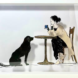切り絵　コーヒータイム（犬と女性）　モノクロ/カラー 4枚目の画像