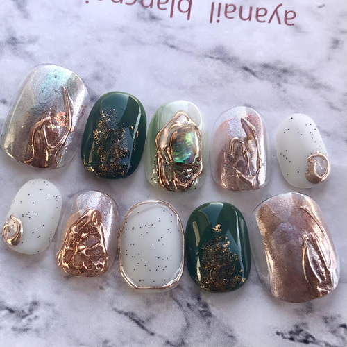 クリアブラウン×ダークグリーン ネイルチップ