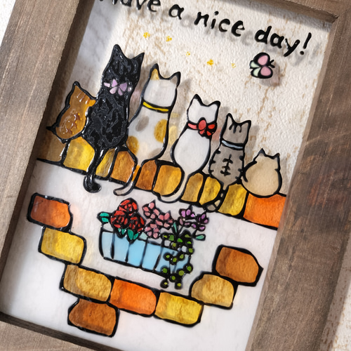 送料無料*ステンドグラス風*猫とレンガの壁・花・インテリア雑貨