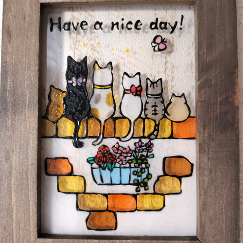 送料無料*ステンドグラス風*猫とレンガの壁・花・インテリア雑貨
