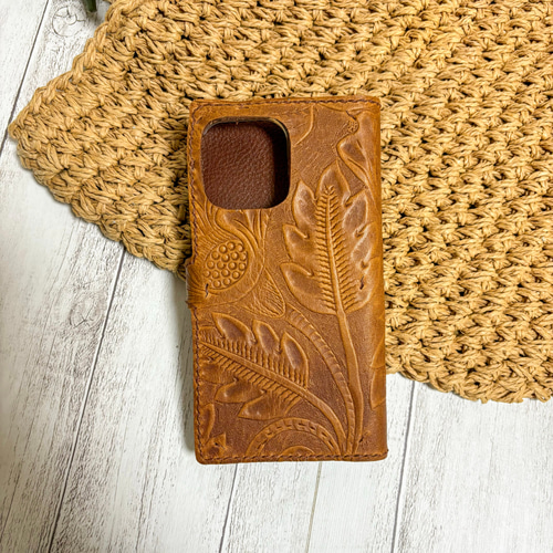 花柄 型押し スマホケース 本革 革 レザークラフト 手帳型