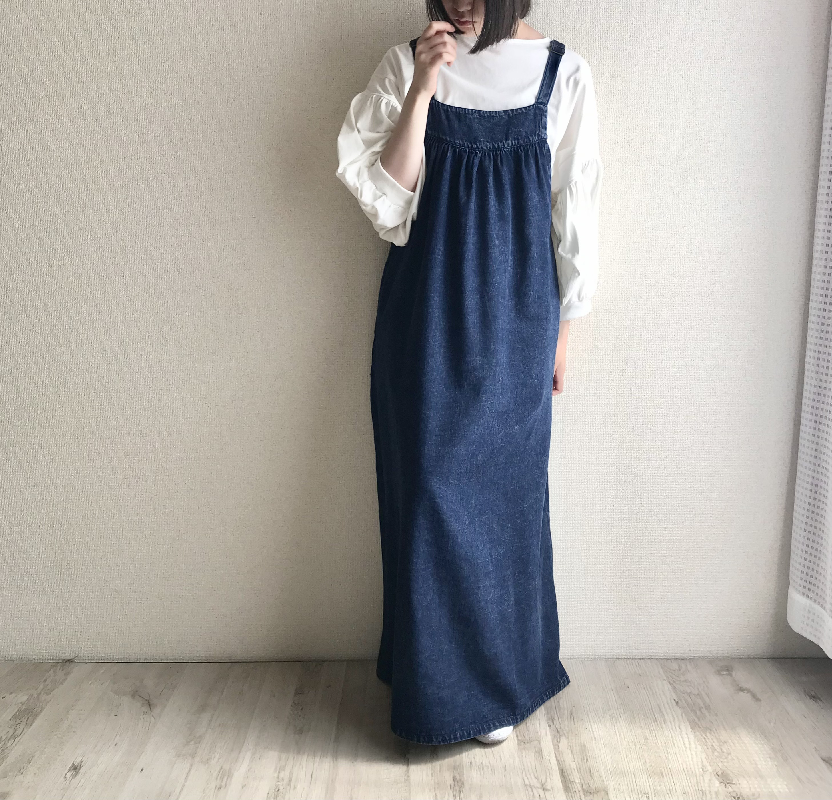 01 ロングセラー 丈カット無料④内ポケット ストーンウォッシュ　デニムマキシ丈ワンピース 　ジャンパースカート