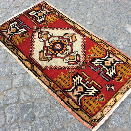 手織りトルコ絨毯 97x54cm ヴィンテージ ラグ カーペット・絨毯