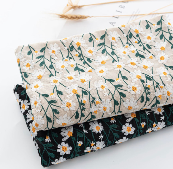 綿麻刺繍生地 花刺繍 幅120×50cm〜2色展開 生地 Yiori生地