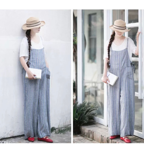 2色】リネンのストライプサロペットパンツ ウエストリボン ポケット