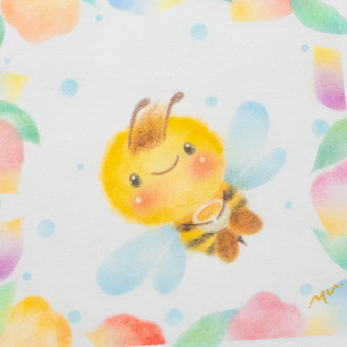 原画】「花びらとミツバチ」 パステルアート 蜂 はち 花 春