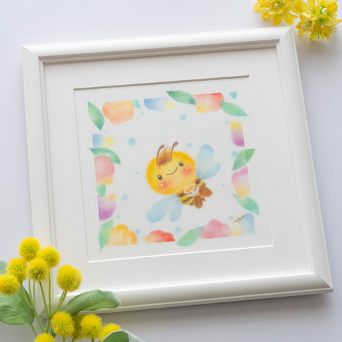 速くおよび自由な パステルアート 原画】「花びらとミツバチ」 蜂 春 花 はち 絵画