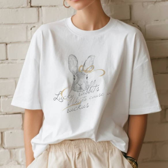 Tシャツ【ラッキーうさぎの早口言葉】シンプルモノトーン 2枚目の画像