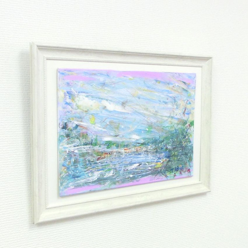 油絵（抽象画）空 原画「空と水と暮らしと」 額サイズ48×35㎝ 抽象画 オーラ 自然
