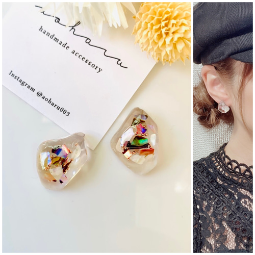 再販】ミックスカラフルシェルの変形ピアス/イヤリング ピアス 