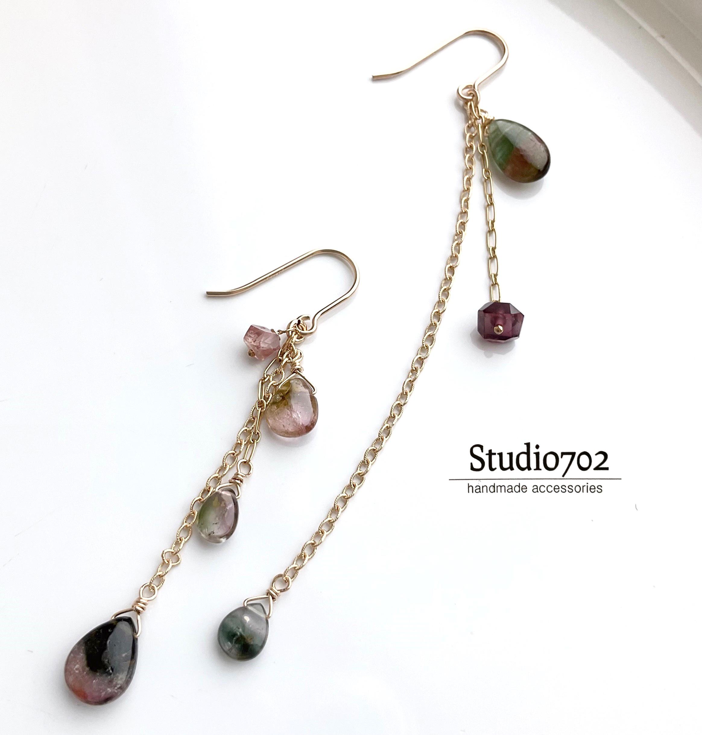 バイカラートルマリンアシンメトリーチェーンピアス14kgf