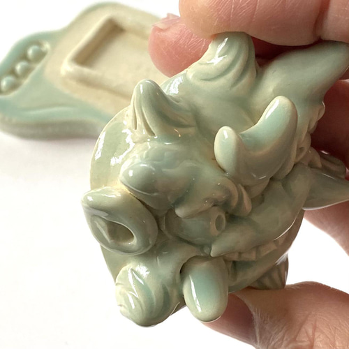 節分の茶事に・小物入れに【鬼瓦型の香合】青磁色（人気色再販し