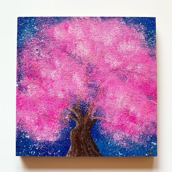 【夜桜】絵画/原画 絵 さくら インテリア キラキラ 2枚目の画像