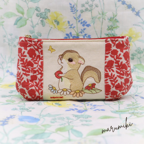 イラスト刺繍 ポーチ 【リス 花】 ポーチ maru_miki 通販