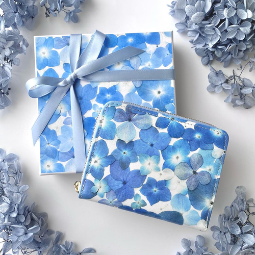 ブルー紫陽花柄』押し花レザーミニ財布【10日以内に発送】 その他ミニ