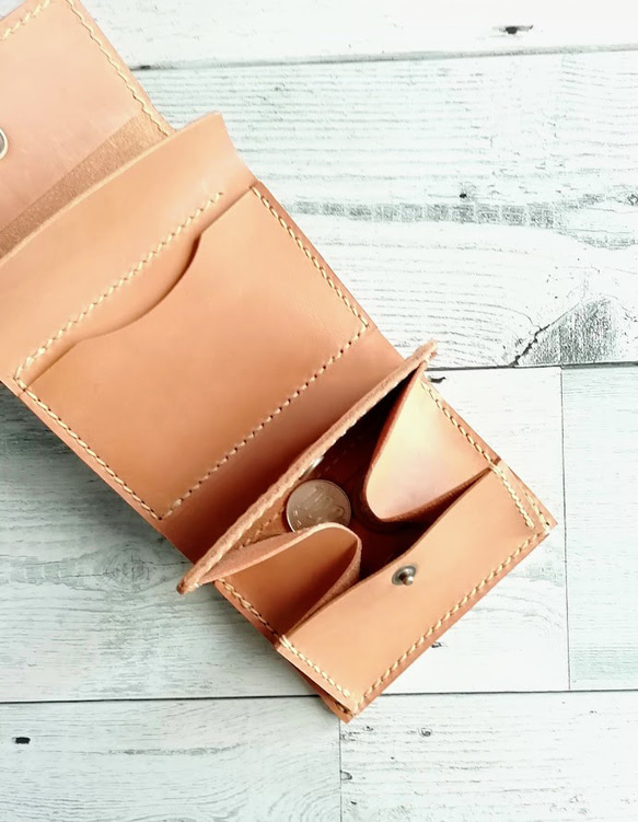 ミニ財布（ナチュラルブラウン） 手のひらサイズ  ボックス型小銭入れ  小さい財布　３つ折り財布　レザーウォレット 本革 7枚目の画像