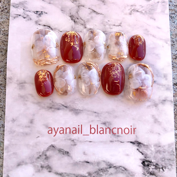 サイズオーダー ネイルチップ 5256 レッド 赤 ボルドー フラワー 結婚