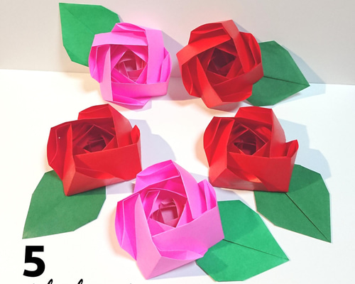 折り紙　ミニ薔薇18枚　葉っぱ23枚　春壁面　リース素材　受注作成 折り紙ミニ薔薇18枚葉っぱ23枚春壁面リース素材受注作成