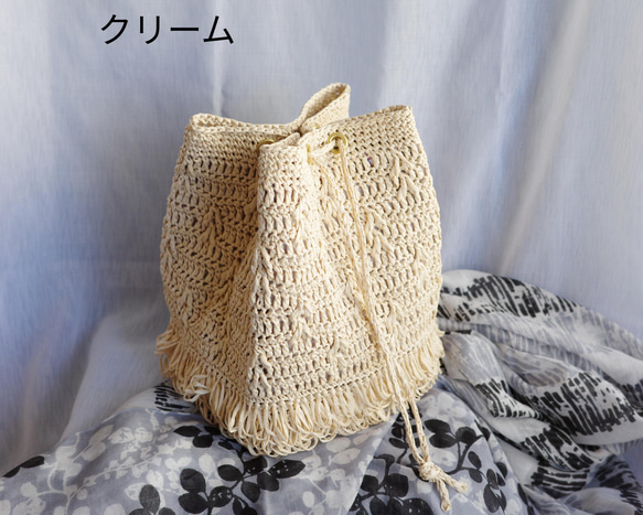 【内ポケット付】手編み 裾フリンジ マニラヘンプのスクエア巾着バッグ 15枚目の画像