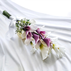 【生花に見える】白&パープル カラー かすみ草のウェディングブーケ アームブーケ ブートニア付 結婚式 前撮り 海外挙式 2枚目の画像