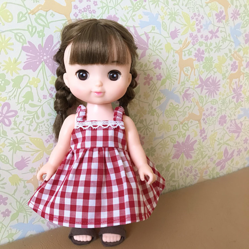 赤チェックのフレアワンピース＊ドール服 ソランちゃん ソランちゃん服