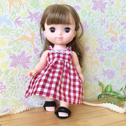 赤チェックのフレアワンピース＊ドール服 ソランちゃん ソランちゃん服