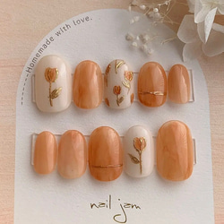 ぷっくりフラワーのオレンジネイルネイルチップ 〜成人式 卒業後 前  