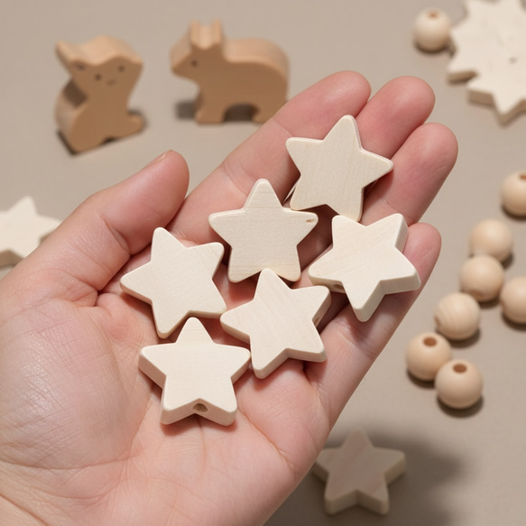 【スター 10個】星 ナチュラル ウッドビーズ 丸 穴2〜3mm 木目 天然 木製 約20×19mm前後 2枚目の画像