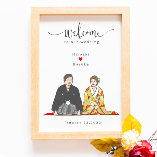 似顔絵ウェディングウェルカムボード こちらは、結婚式のウェルカムボードとしてお描きさせて頂いた一