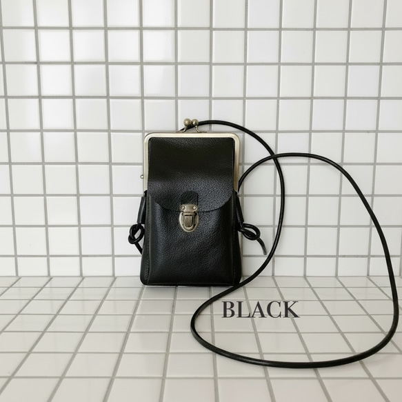 姫路レザーがま口スマホポシェット◇黒 カード入れ サコッシュ