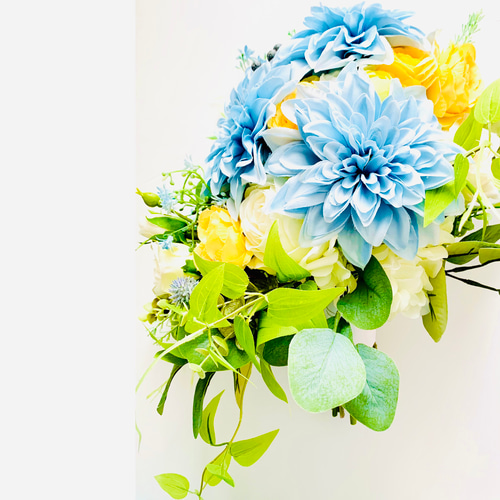 青、ダリア、夏ブーケ、ウェディングブーケ、クラッチブーケ、アーティ