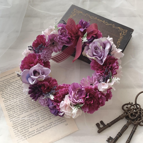 紫 リース フラワー 25㎝ 敬老の日 パープル アートフラワー フラワー